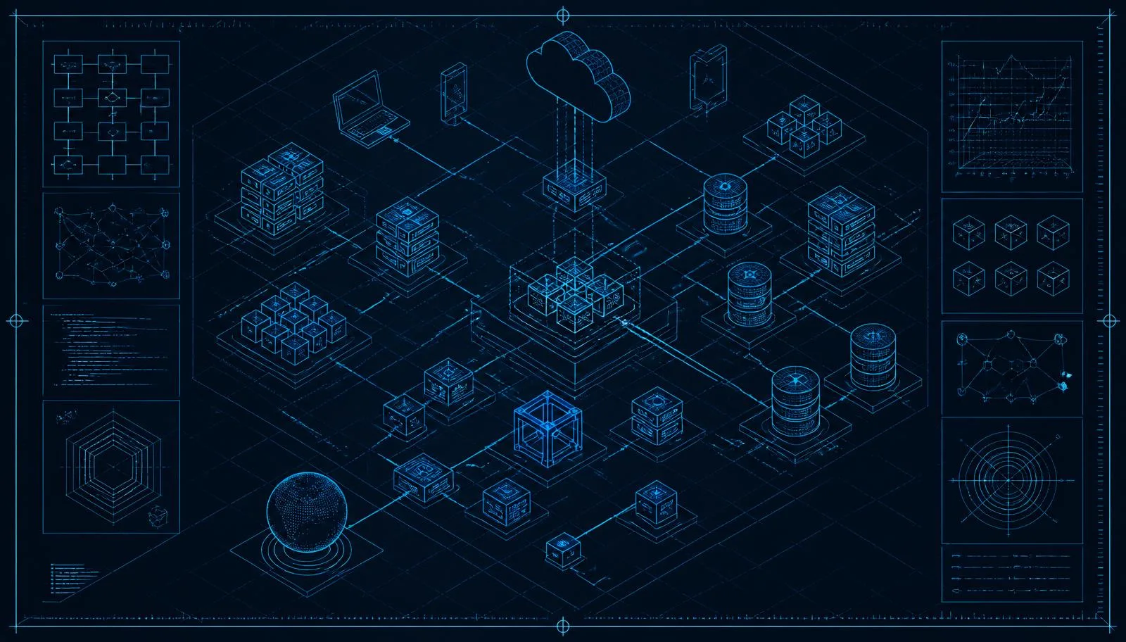 Isometric blueprint of a distributed system with services, message paths, databases and client devices