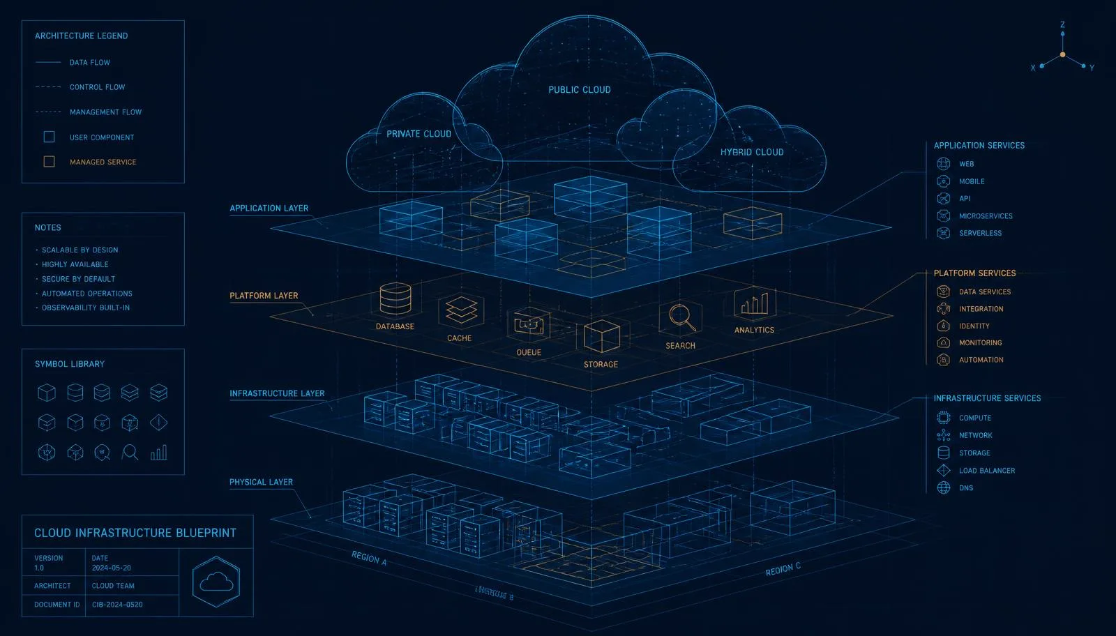 Layered cloud infrastructure blueprint showing application, platform, infrastructure and physical layers across regions