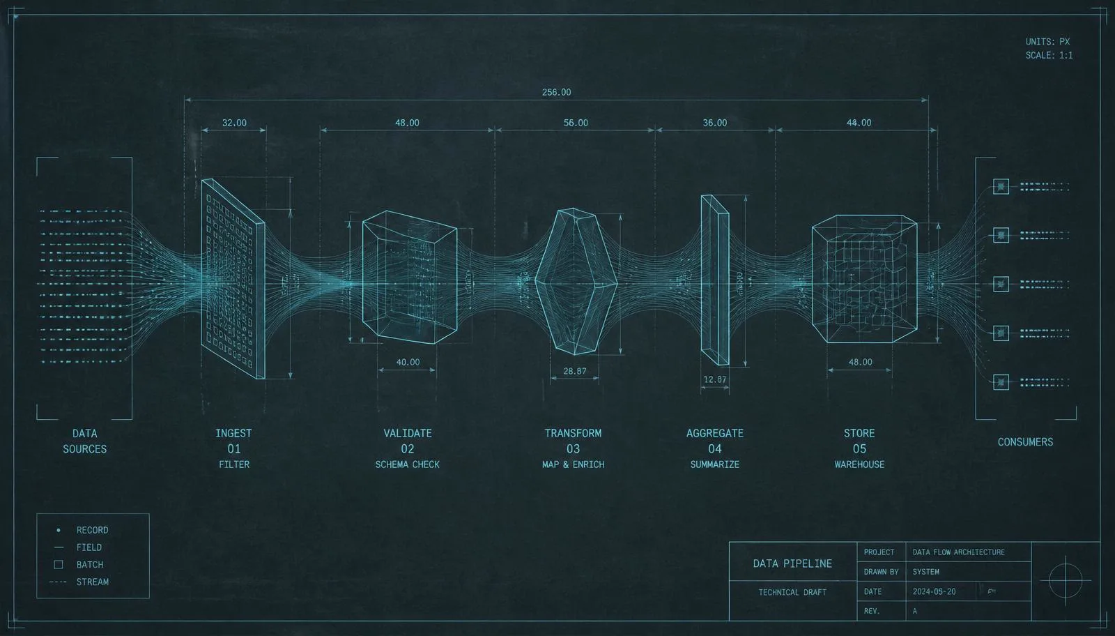 Blueprint diagram of a data pipeline moving records through ingest, validation, transformation and storage stages