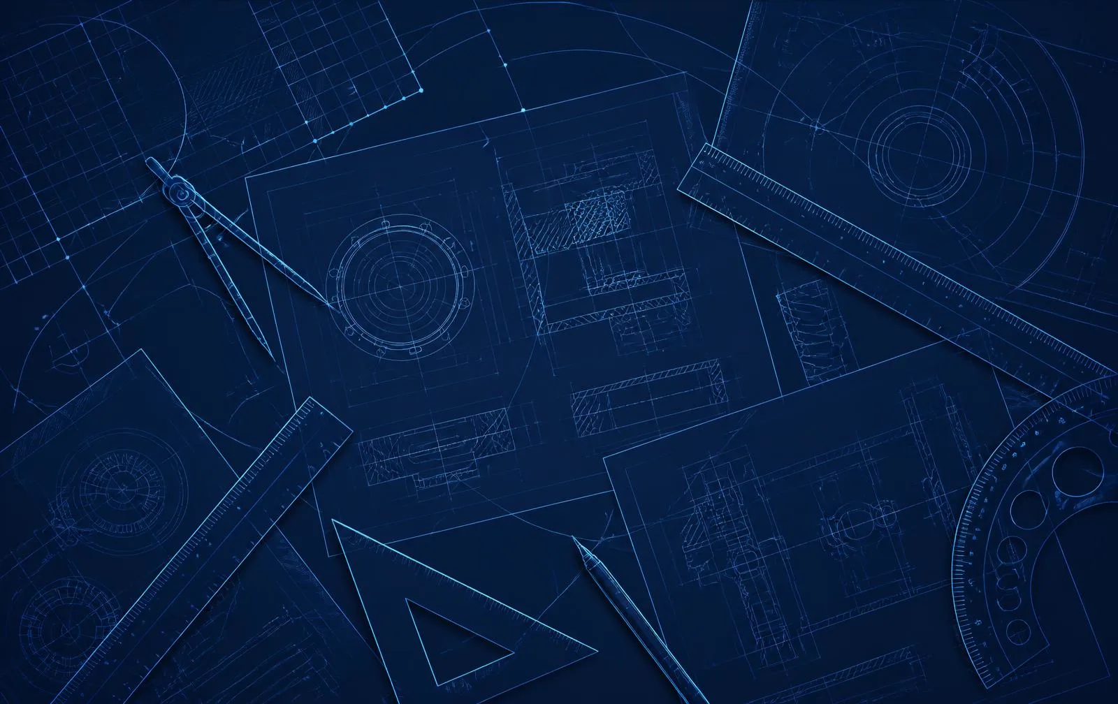 Technical drafting composition of overlapping engineering drawings, rulers and compass arcs