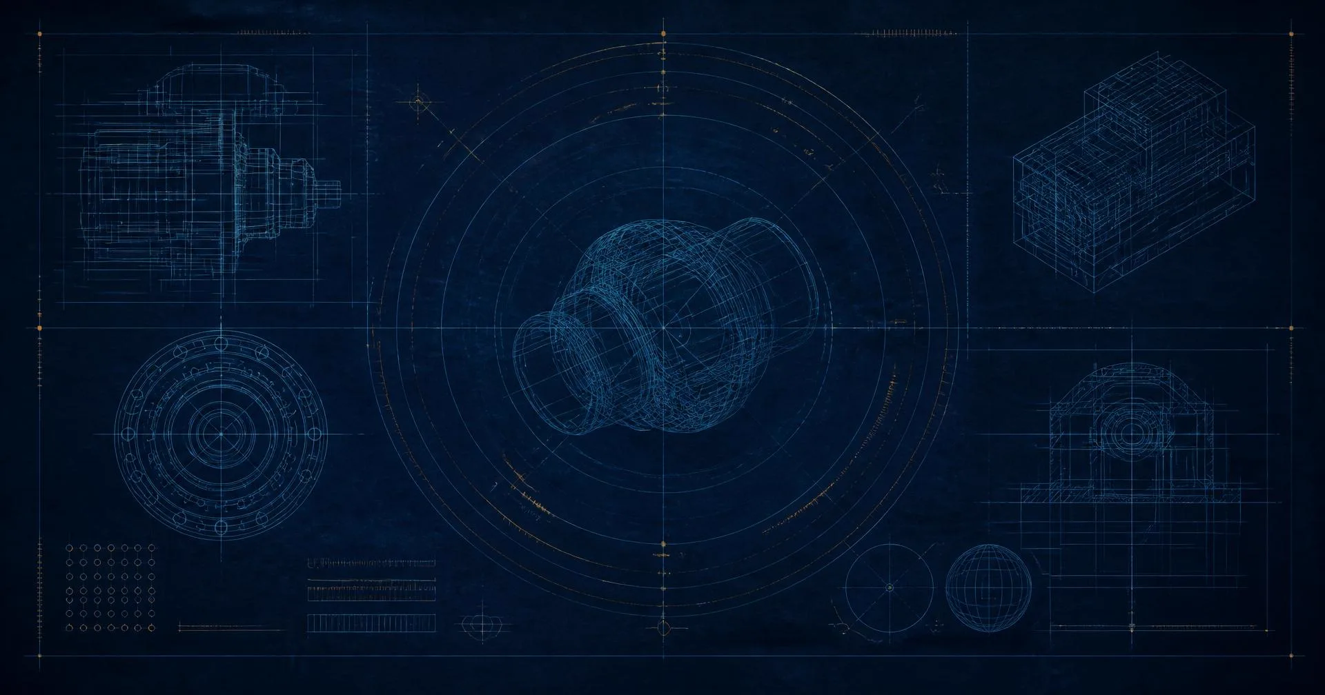 Wide technical blueprint sheet showing orthographic projections, wireframe assemblies and measurement arcs