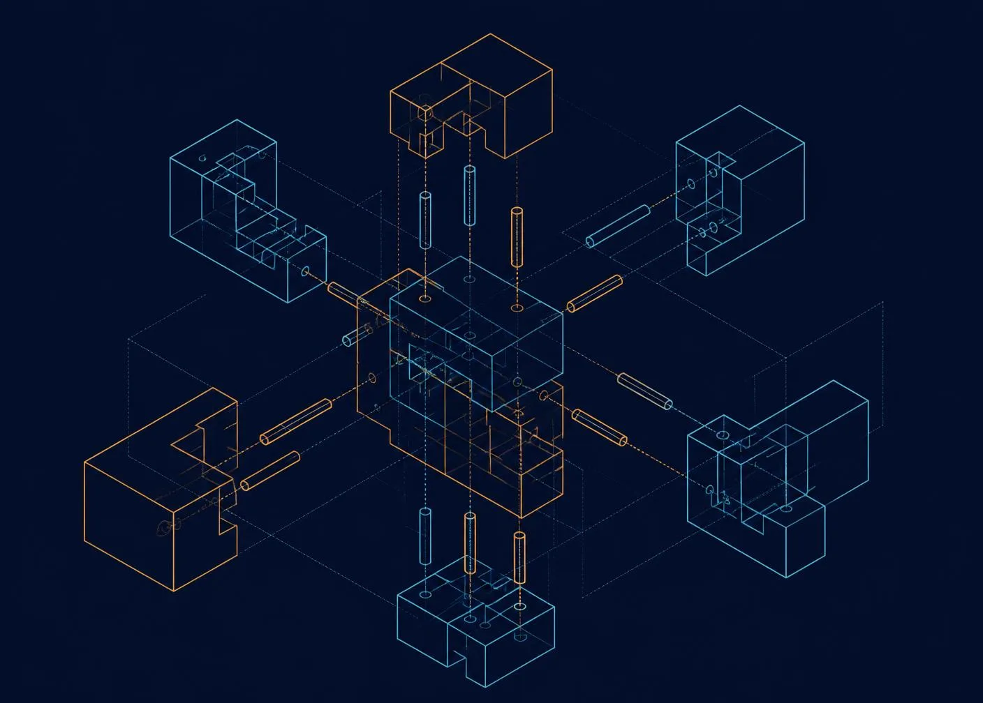 Exploded axonometric drawing of modular software components connected by alignment pins and guide lines
