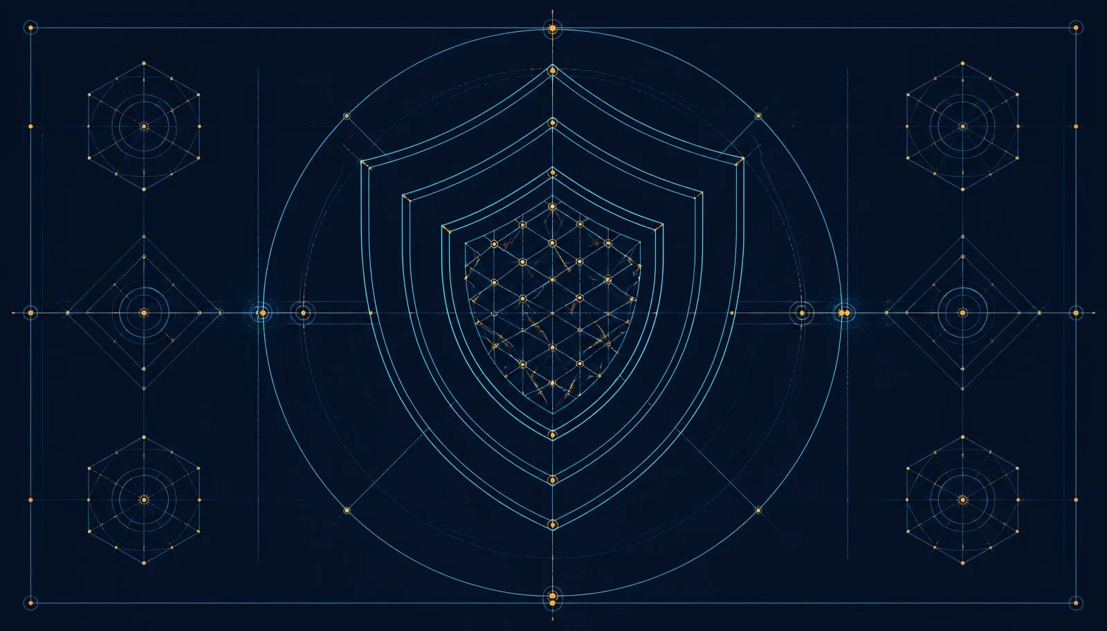 Blueprint of nested shields over a connected lattice, representing layered security and quality controls